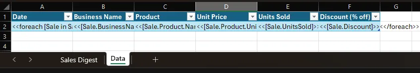 Excel Data Table named _salesData (header + template row)