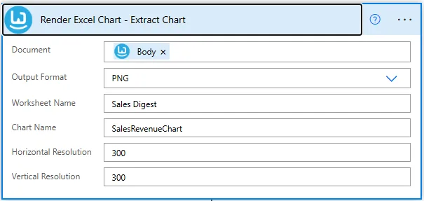 Build a Doc Render Excel Chart action configured with worksheet & chart name