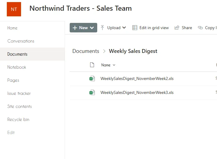 SharePoint folder listing week WTD digest files